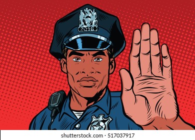 Retro police officer stop gesture, pop art retro vector illustration. Law and order. African American people. Close-up