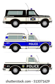 Retro police truck. Side view. Flat vector.