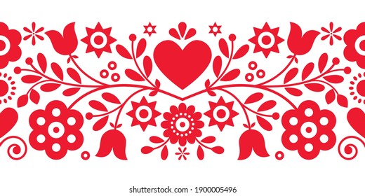 Retro Polish floral folk art vector greeting card or seamless pattern inspired by old highlanders embroidery Lachy Sadeckie from Nowy Sacz in Poland. Cute Slavic pattern with flowers, hearts and leave
