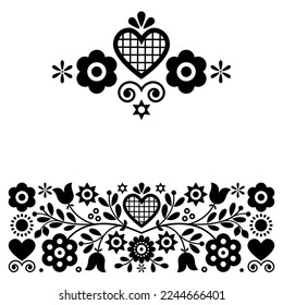 Retro Polish floral folk art vector black and white design elements inspired by old highlanders embroidery Lachy Sadeckie from Nowy Sacz in Poland. Ethnic spring Slavic pattern collection with flowers