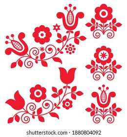 Diseño de vectores de arte folclórico retro polish con flores perfectas para tarjetas de felicitación o invitación a la boda. Patrón tradicional adorable inspirado en el bordado floral Lachy Sadeckie de Polonia 