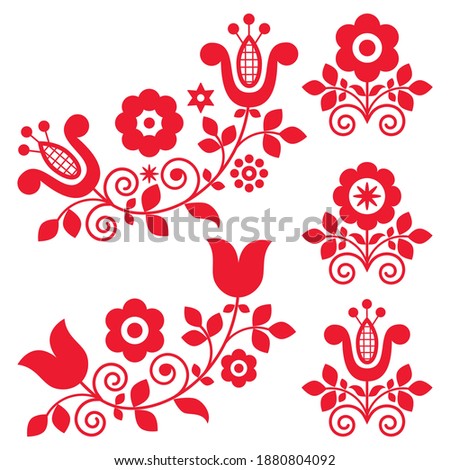 Retro polish folk art vector design elements with flowers perfect for greeting card or wedding invitation. Traditional cute pattern set inspired by floral embroidery Lachy Sadeckie from Poland 
