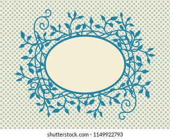 retro polka dot background with blank oval  frame with fancy ivy and vine design in dark blue on soft yellow beige background color