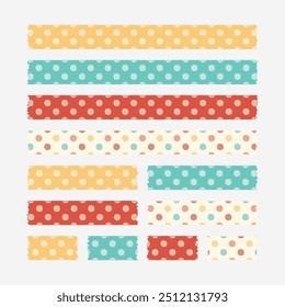 Retro polka dot pattern washi tape. Minimalist trendy abstract paper sheets. Torn decorative masking tape for scrapbook. Ragged edges scotch tape. Stripe, adhesive.