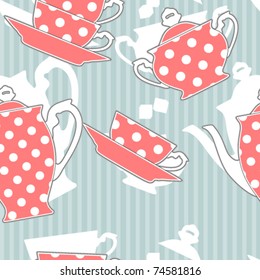 Retro polka dot tea set, seamless pattern