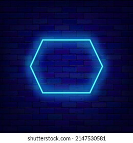 Retro polygonal blue neon frame on brick wall. Empty border. Space for text. Shiny sign. Glowing effect poster. Editable stroke. Vector stock illustration