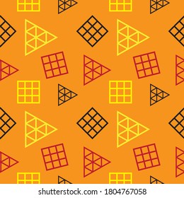 Retro Polygonal Geometric Seamless Pattern Design Template. Triangles and Square Shape Ornament. Yellow Orange Red and Black Color Theme.