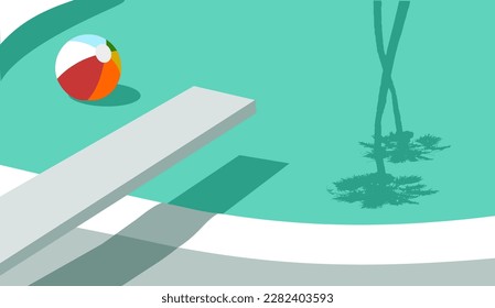 Retro pool with diving board and beach ball with palm trees shadow