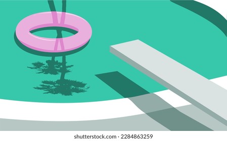 Retro pool with diving board and palm tree shadows on inflatable