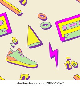 Retro pop 90s audio seamless pattern. vector background with cassette and trainers. Pink background. Memphis design for tissue and postcards.
