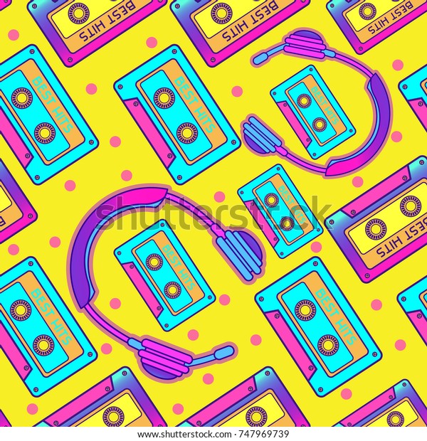 レトロなpop 90sオーディオシームレスパターン 背景 カセットとイヤホンと壁紙 のベクター画像素材 ロイヤリティフリー