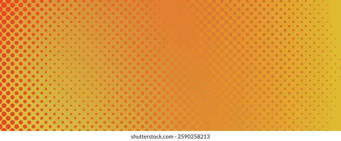 Retro pop art background with orange and yellow gradient. Background features halftone dotted texture, blending orange and yellow hues. Minimal halftone vector gradient background