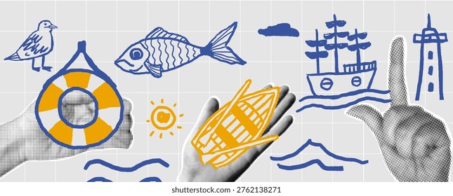 Retro pop art collage on a grid background with vintage halftone hands and nautical doodles of a seagull, life buoy, fish, rowboat, sailing ship, and lighthouse. Summer travel and marine design