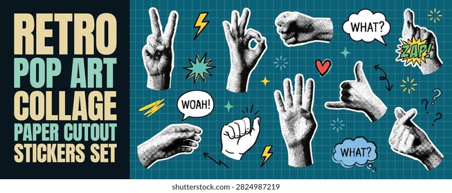 Retro pop art collage paper cutout stickers set, featuring trendy y2k style black and white vector illustrations of diverse hand gestures such as peace, ok, punch, open palm, shaka, and mini heart, complemented by speech bubbles with 