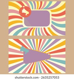 Retro pop art color burst background with megaphone icon illustration.