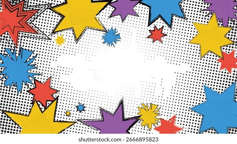 Fondo de cómic de arte pop retro con vibrantes Formas starburst y puntos de semitono en colores brillantes perfecto para carteles, volantes, cubiertas y proyectos de diseño creativo