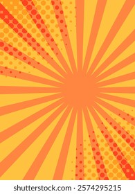 Retro pop art comic book background featuring converging orange and yellow radial lines, complemented by halftone dots, creating a dynamic and vibrant visual effect