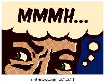 Retro pop art comic book panel perplexed and suspicious man thinking and mumbling vector wall decoration illustration