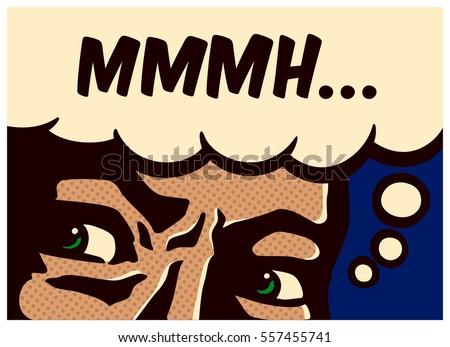 Retro pop art comic book panel perplexed and suspicious man thinking and mumbling vector wall decoration illustration