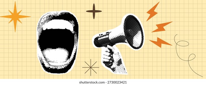 Retro Pop Art Estilo de quadrinhos Meio-tom pontilhado gritando Boca gritando Anúncio com Megafone retro desenho animado, Estilo à moda antiga Cartaz Design de banner para capa de mídia social, modelo de cabeçalho de banner