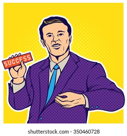 Retro pop art comic style illustration of businessman holding success sign