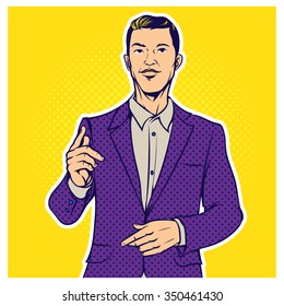 Retro pop art comic style illustration of businessman giving presentation