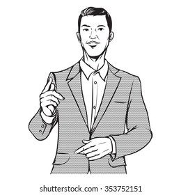 Retro pop art comic style illustration of businessman giving presentation