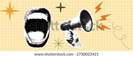 Retro Pop Art Comic style Halftone dotted screaming  Shouting mouth Announcement with Megaphone retro cartoon, Old-Fashioned Style Poster Banner Design for social media cover, banner header template