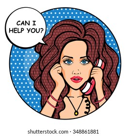 Retro pop art comic woman on phone with message Can I Help You?