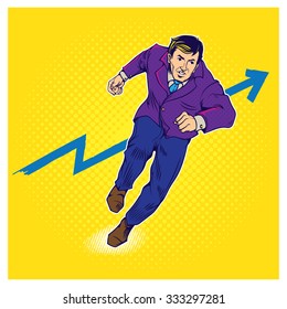 Retro pop art illustration of businessman runs forward