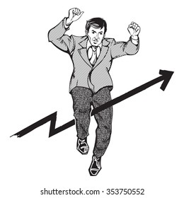 Retro pop art illustration of businessman jumps forward