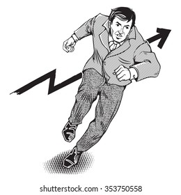 Retro pop art illustration of businessman runs forward