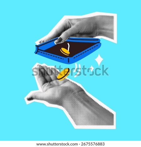 Retro pop art illustration featuring hands exchanging a coin with a wallet. The vibrant blue background enhances the visual appeal, conveying financial transactions.