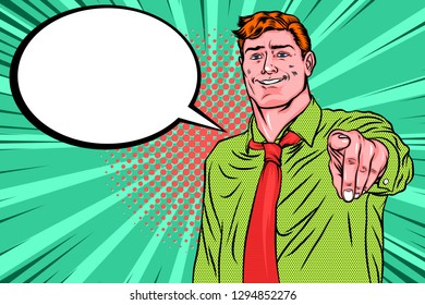 Retro Pop Art. A Man Pointing Forward Finger with Winning Smile. Comic Style Vector Illustration