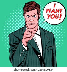 Retro Pop Art, A Man say I Want You, Pop Art Comic Style, Vector Illustration