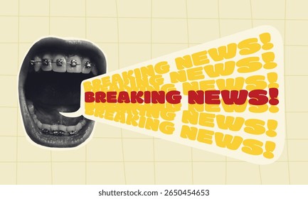 Retro Pop Art Mouth Yelling Breaking News halftone Graphic with Braces