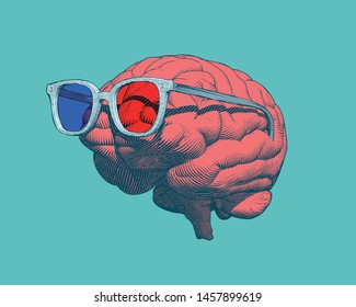 Retro pop art orange engraving human brain with 3D glasses illustration in side view isolated on green background