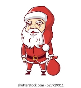 Retro Pop art Santa Claus. Funny Santa with big bag of toys gift in the hands. Standing on the bright background.
