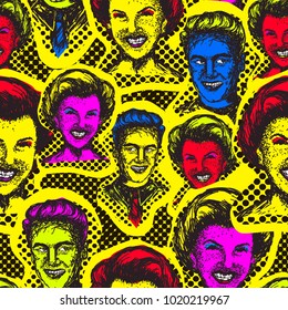 Retro Pop Art seamless pattern. Man and a woman in the style of the 50's. Vector