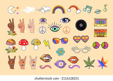 Retro pop art set items from the 70s. Hands, lips, eyes, cassettes, glasses, mushrooms and a rainbow. Vector vintage illustration for postcards, t-shirt design