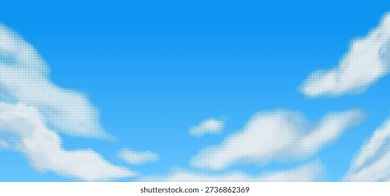 Retro Pop Art Sky with Halftone Dots and Cloud Pattern. Blue Gradient Background with Vintage Raster Texture for Comic-Style Designs and Summer Banners. Perfect for Manga, Anime, and Comic Illustration Projects.