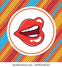 Retro pop art style bright background with speaking female lips. Red woman lips, stripes and dots. Vector illustration