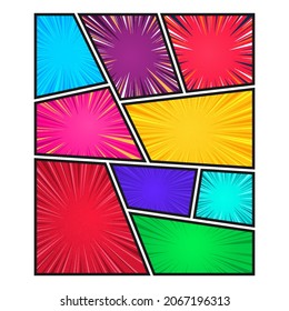 Estilo retro pop Art. Plantilla de la página del libro de historietas de marcos coloridos divididos por líneas con rayos, radiales, semitonos y punteados.