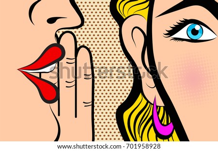 Retro Pop Art style Comic Style Book panel gossip girl whispering in ear secrets with pink cheek, rumor, word-of-mouth concept vector illustration