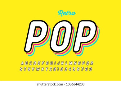 Retro pop art style font, alphabet letters and numbers, vector illustration 