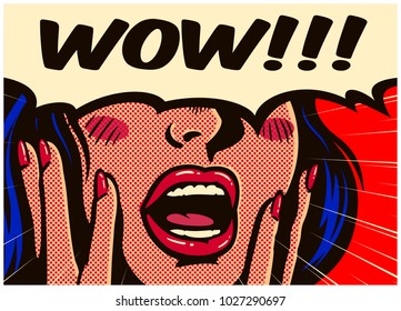 Retro Pop Art Style Surprised And Excited Comics Woman With Open Mouth And Speech Bubble Saying Wow Vintage Vector Illustration