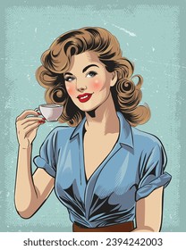 Retro Pop Art Surprise: Beautiful Woman Presenting a Drink with Ample Space for Your Text in Vintage Comic Style