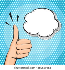 Retro pop art thumb up hand sign, woman hand showing thumbs up with speech bubble, comic style vector illustration.