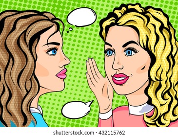 Retro pop art two girls whispering secret, gossiping friends concept in comics sketch style. Blonde and brunette women talking.