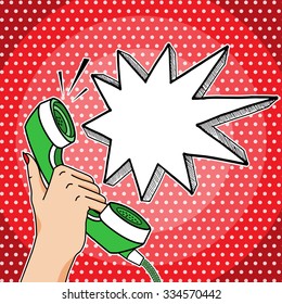 Retro pop art vector hand holding telephone with empty think bubble for your text, answering phone comic style illustration.